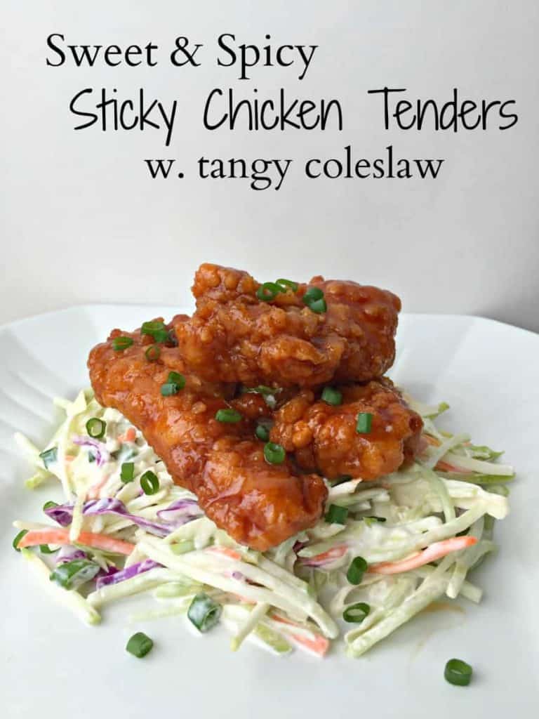 Sweet and Spicy Chicken Tenders on a bed of blue cheese coleslaw