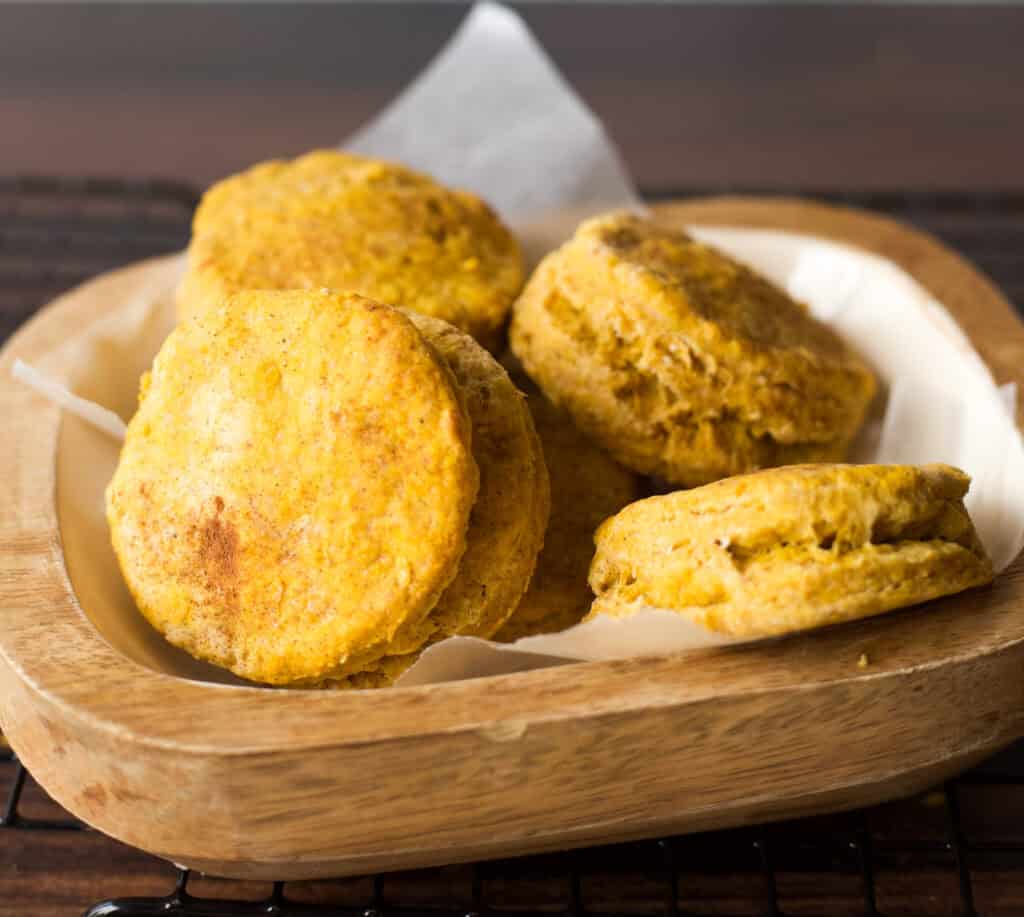 Bowl of biscuits made with Bisquick and pumpkin puree.