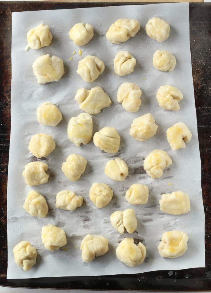 pizza dough pretzel bites heading into the oven