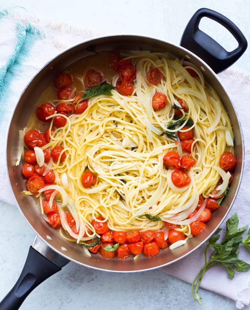 skillet pasta in a skillet cooking