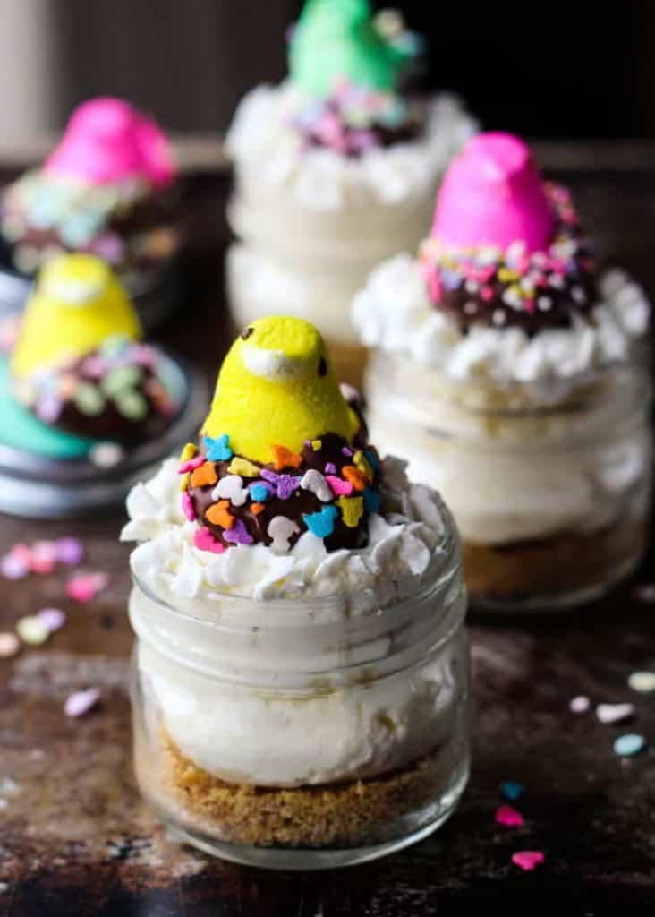 Mini Easter Cheesecake Recipe with peeps and sprinkles