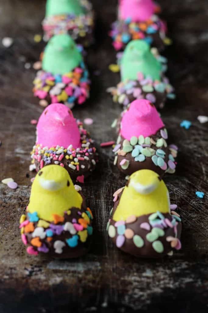 Easter peeps dipped in chocolate and sprinkles