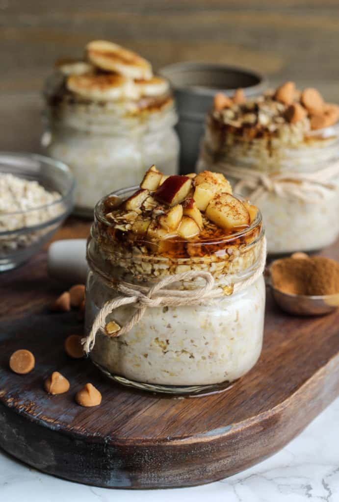 french toast overnight oats topped with maple syrup