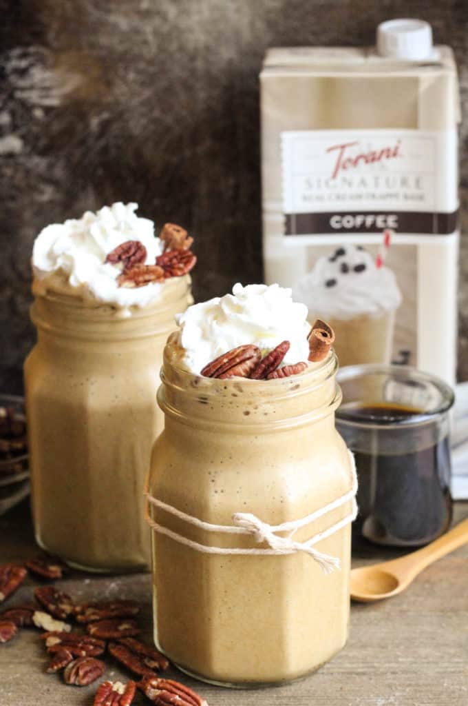 Caramel Frappés topped with whipped cream and pecans