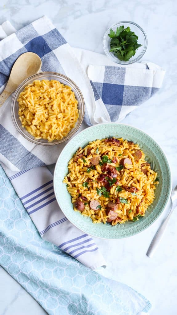 Loaded Hot Dog Mac and Cheese and Kraft Macaroni and Cheese