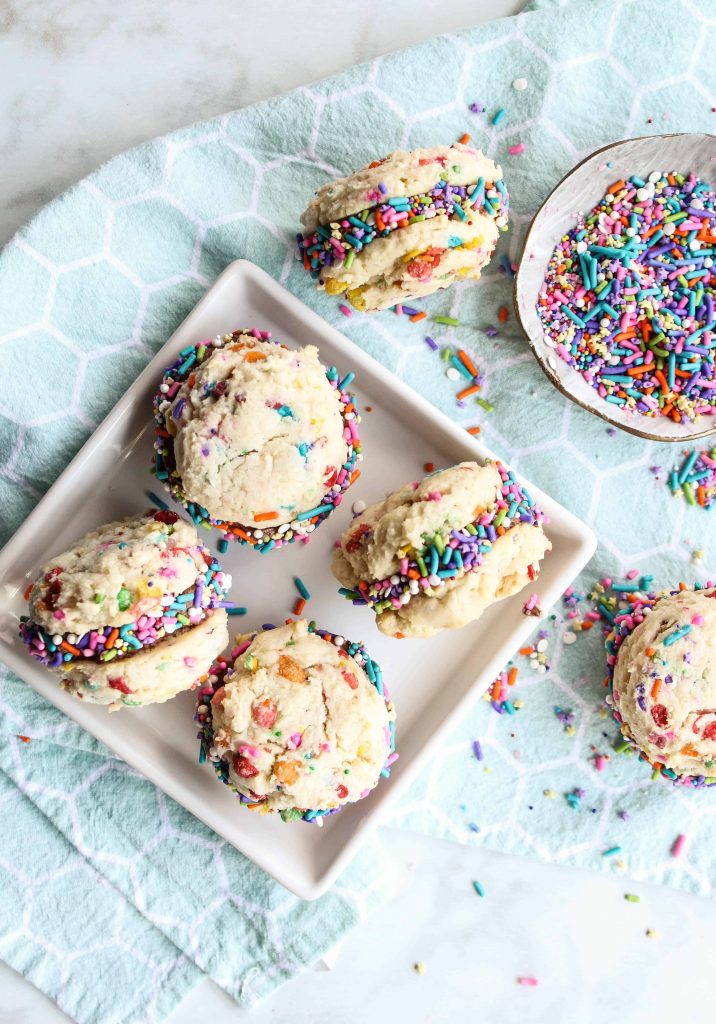 Fruity Pebbles Cookie Sandwiches with Chocolate Frosting