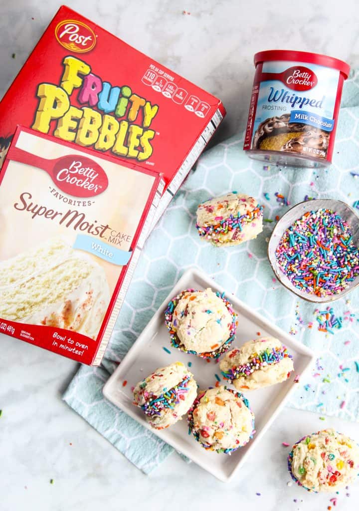 Fruity Pebbles Cake Mix Cookie Sandwiches with Chocolate Frosting