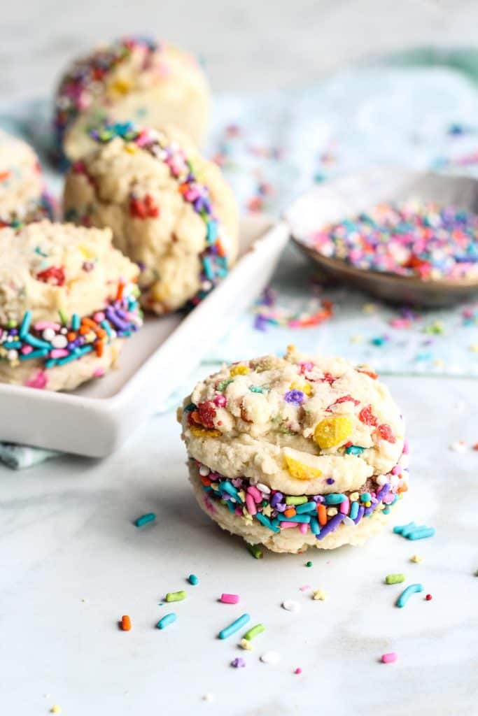 fruity pebbles cookie sandwiches with sprinkles
