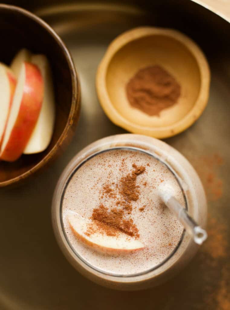 Top view of a glass with apple pie smoothie. 