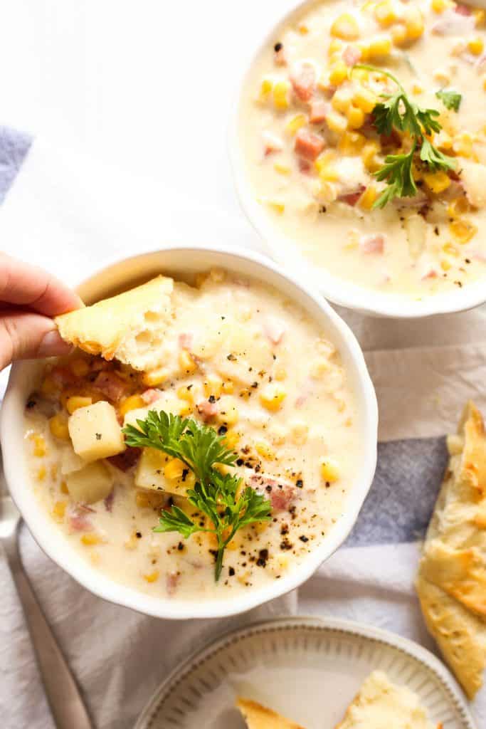 bowl of ham and corn chowder