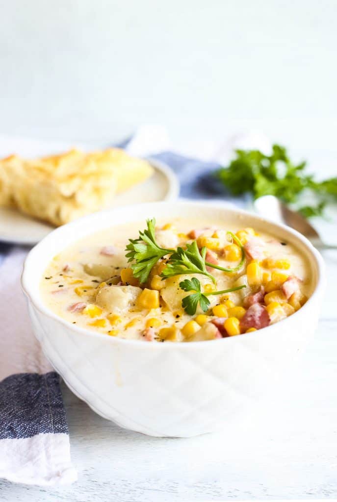 ham and corn chowder in a bowl