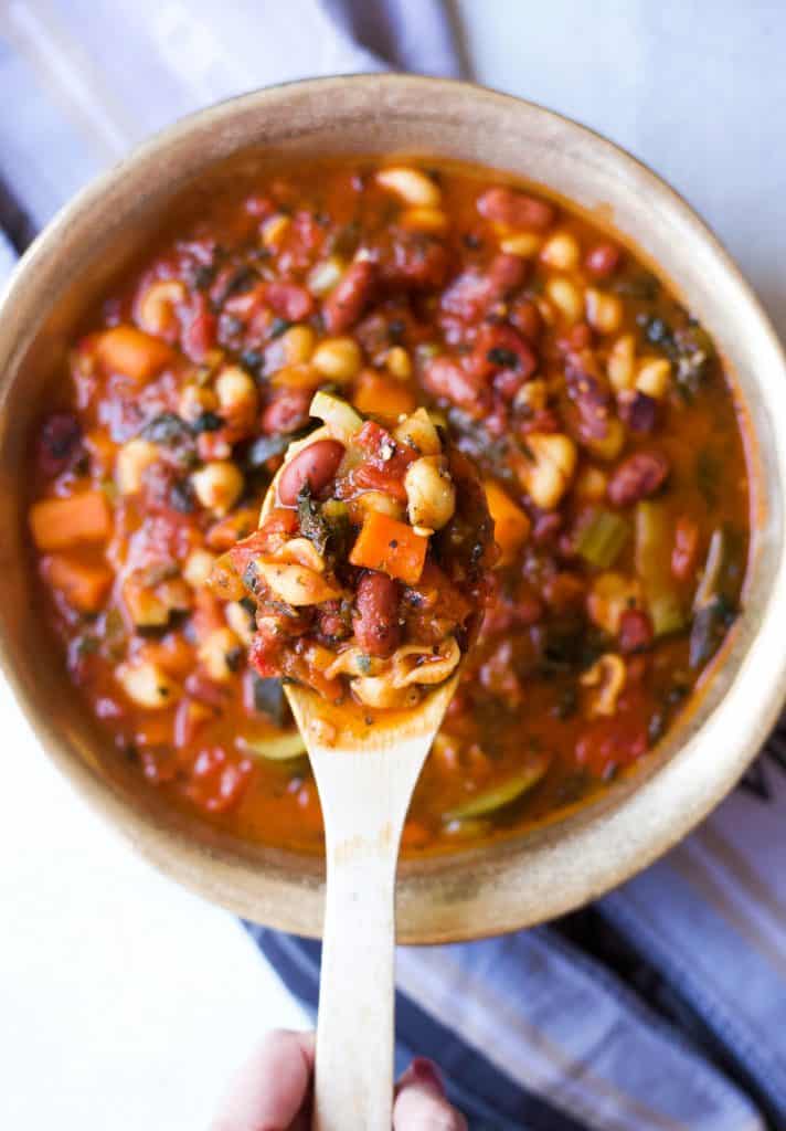 minestrone soup on a spoon