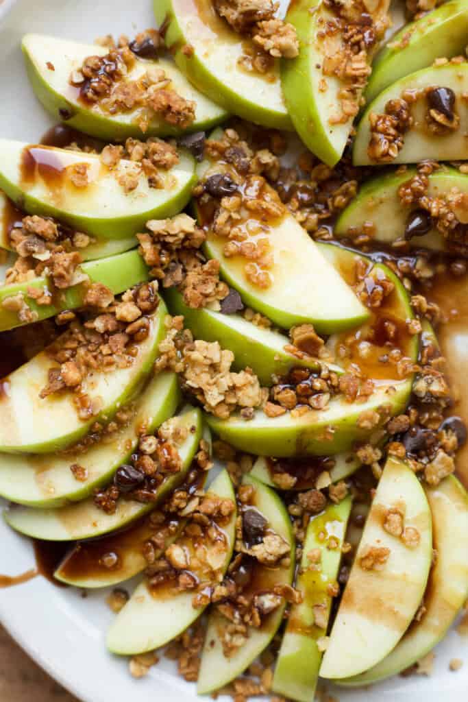 close-up view of healthy apple nachos