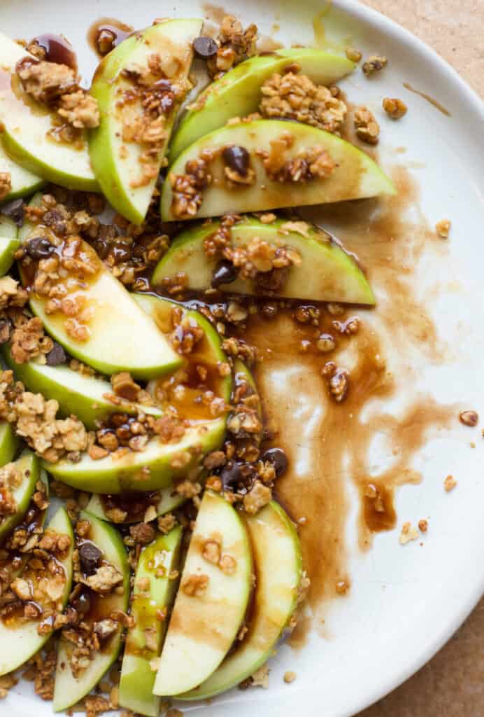 half-eaten platter of caramel apple nachos