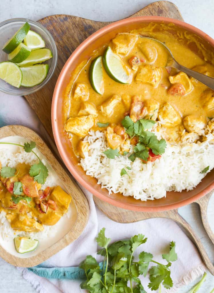 yellow chicken curry with roasted red peppers