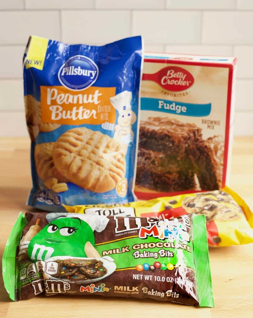 packaged ingredients for Monster Cookie Brownies