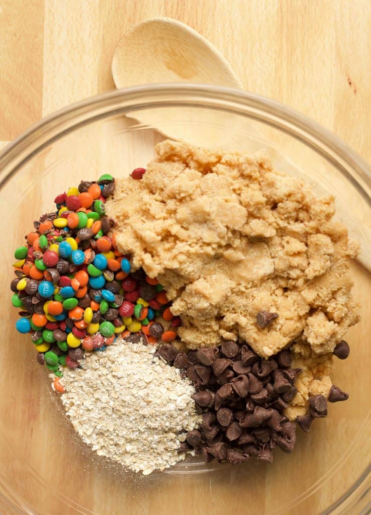 ingredients for Monster Cookie Brownies in a mixing bowl