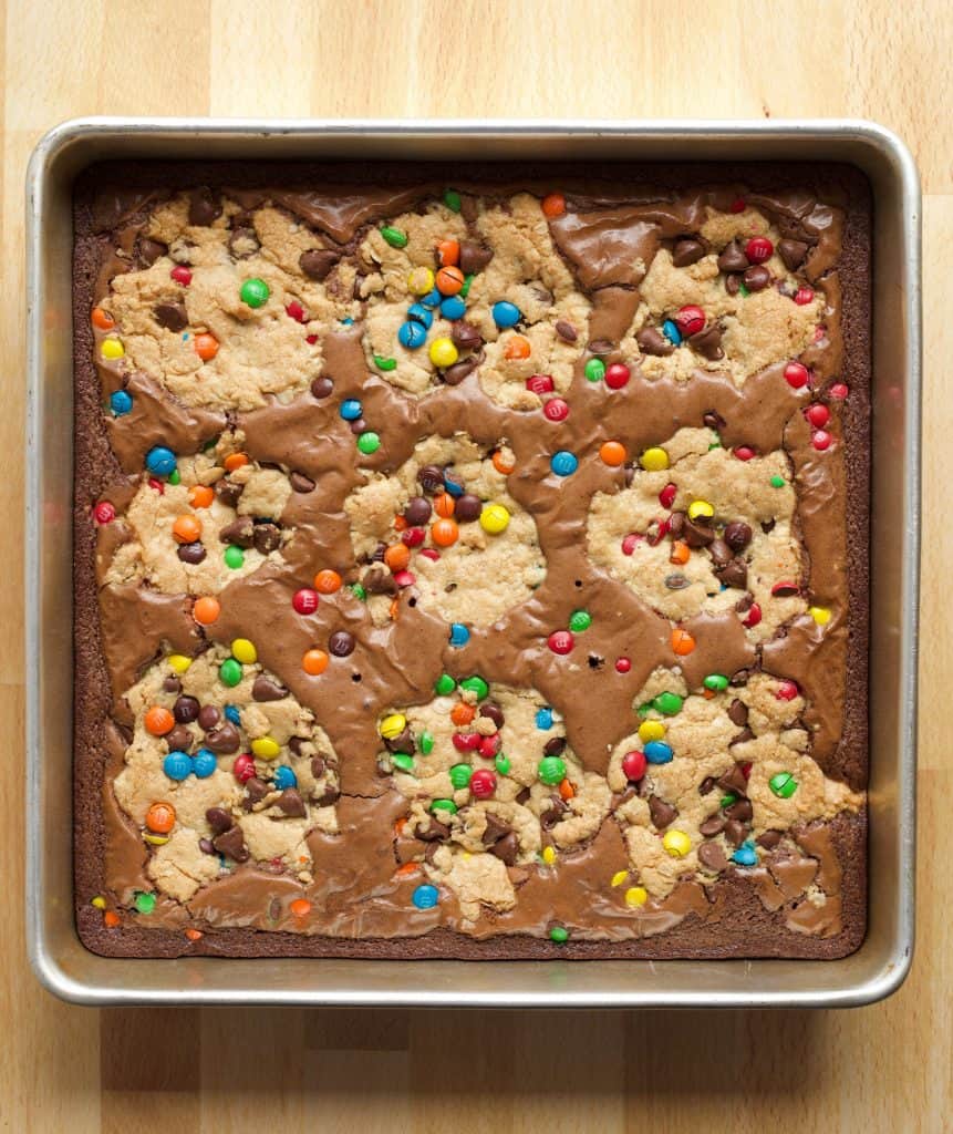 Monster Cookie Brownies in a pan