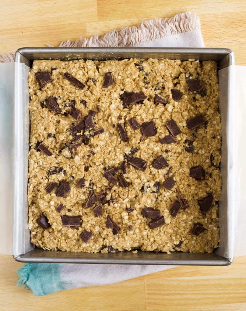 pan of Oatmeal Bars With Chocolate Chips, ready for the oven