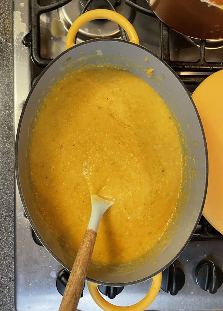 large pot with sweet potato and apple soup