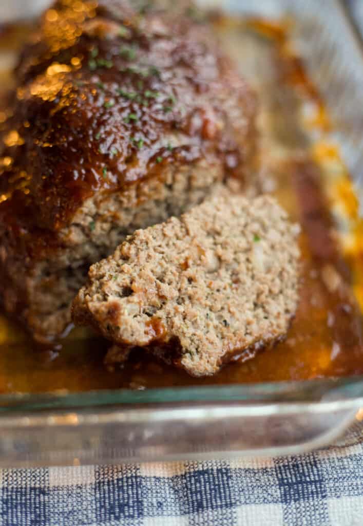 tender meatloaf with brown sugar glaze in a baking pan