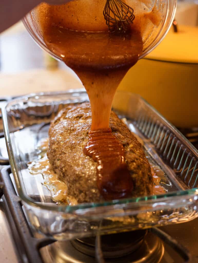 baked meatloaf covered in easy brown sugar glaze