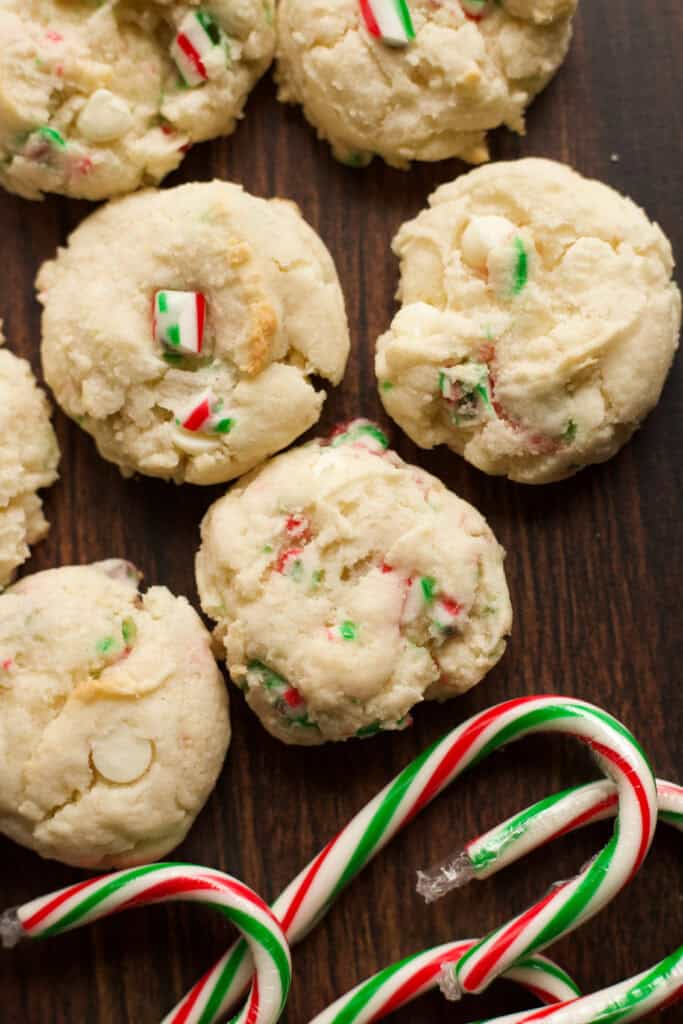 White cake mix cookies with candy cane pieces.