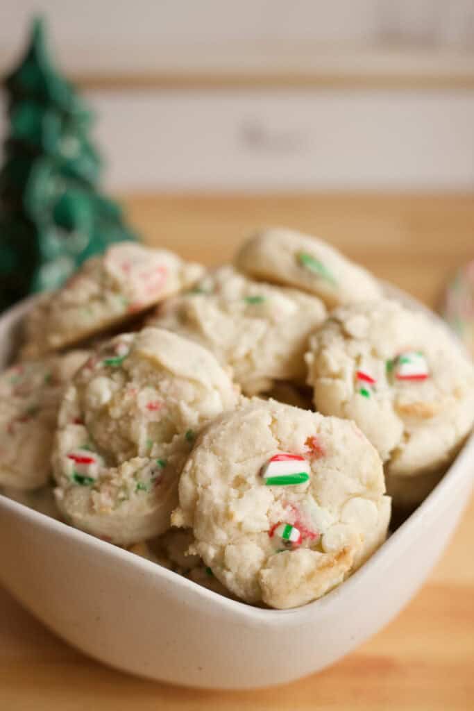 Bowl of freshly baked Cake Mix Peppermint Cookies.