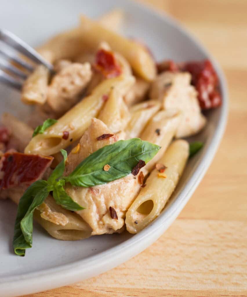 Plate with serving of Marry Me Chicken Pasta.