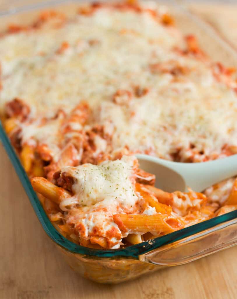 Casserole dish filled with Baked Penne with Vodka Sauce.